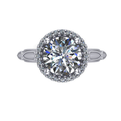 Caroline round vintage halo engagement ring in 14K White Gold, top-down view showing the squared pav&eacute; halo framing the round center with milgrain edges