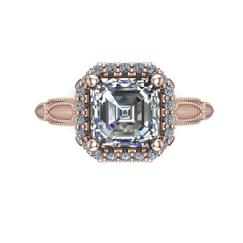 Caroline square emerald vintage halo engagement ring in 18K Rose Gold, top-down view showing the squared pav&eacute; halo framing the square emerald center with milgrain edges