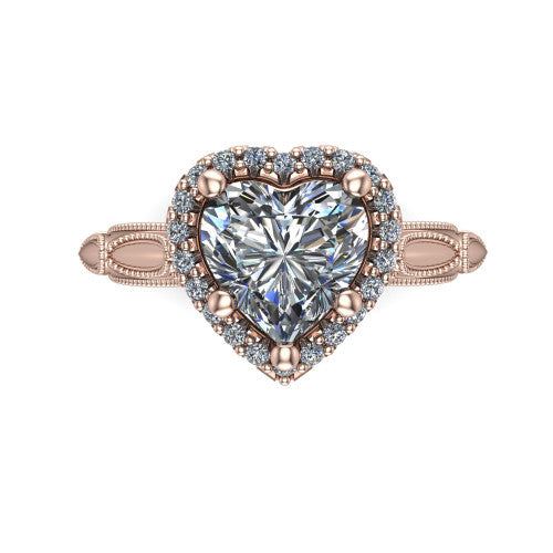 Caroline heart vintage halo engagement ring in 18K Rose Gold, top-down view showing the squared pav&eacute; halo framing the heart center with milgrain edges