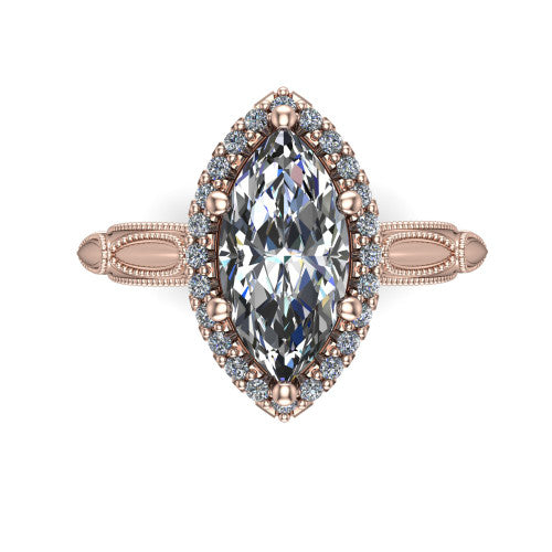Caroline marquise vintage halo engagement ring in 14K Rose Gold, top-down view showing the squared pav&eacute; halo framing the marquise center with milgrain edges