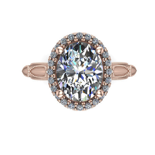 Caroline oval vintage halo engagement ring in 14K Rose Gold, top-down view showing the squared pav&eacute; halo framing the oval center with milgrain edges