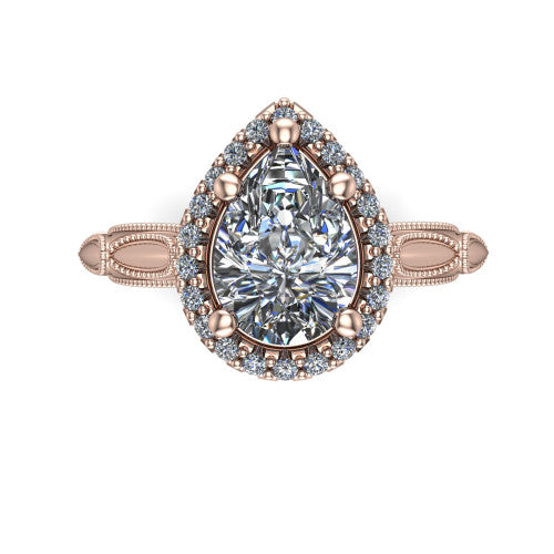 Caroline pear vintage halo engagement ring in 18K Rose Gold, top-down view showing the squared pav&eacute; halo framing the pear center with milgrain edges