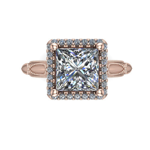 Caroline princess vintage halo engagement ring in 14K Rose Gold, top-down view showing the squared pav&eacute; halo framing the princess center with milgrain edges