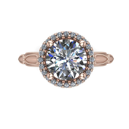 Caroline round vintage halo engagement ring in 18K Rose Gold, top-down view showing the squared pav&eacute; halo framing the round center with milgrain edges