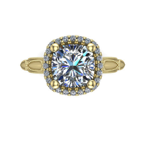 Caroline cushion vintage halo engagement ring in 18K Yellow Gold, top-down view showing the squared pav&eacute; halo framing the cushion center with milgrain edges