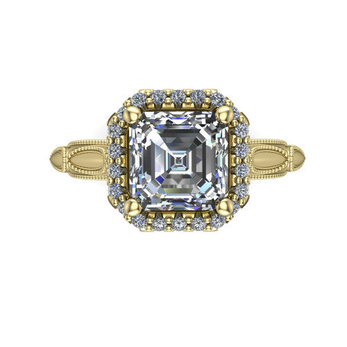 Caroline square emerald vintage halo engagement ring in 18K Yellow Gold, top-down view showing the squared pav&eacute; halo framing the square emerald center with milgrain edges