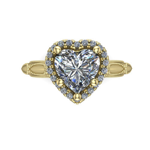 Caroline heart vintage halo engagement ring in 18K Yellow Gold, top-down view showing the squared pav&eacute; halo framing the heart center with milgrain edges