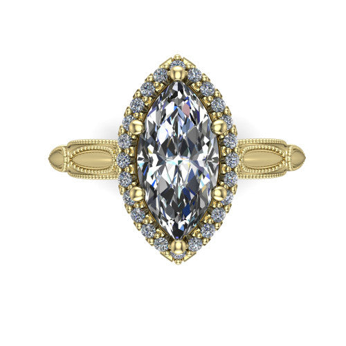 Caroline marquise vintage halo engagement ring in 14K Yellow Gold, top-down view showing the squared pav&eacute; halo framing the marquise center with milgrain edges