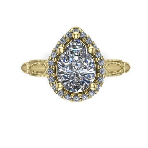 Caroline pear vintage halo engagement ring in 14K Yellow Gold, top-down view showing the squared pav&eacute; halo framing the pear center with milgrain edges