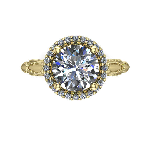 Caroline round vintage halo engagement ring in 18K Yellow Gold, top-down view showing the squared pav&eacute; halo framing the round center with milgrain edges