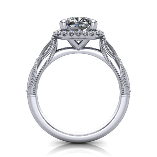 Caroline cushion vintage halo engagement ring in Platinum, through-finger front profile showing the halo head and openwork gallery above the split shank