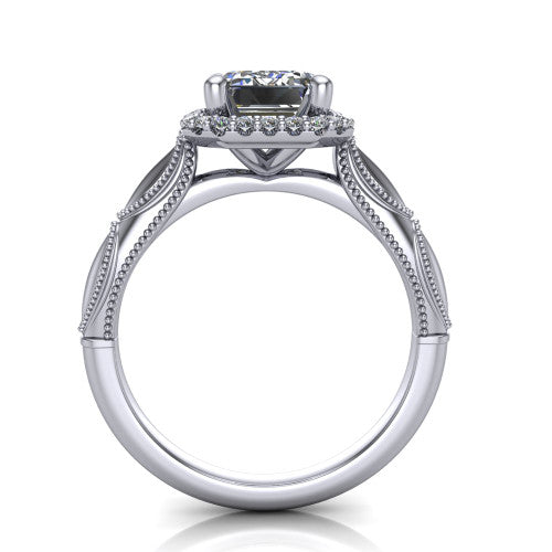 Caroline emerald vintage halo engagement ring in 18K White Gold, through-finger front profile showing the halo head and openwork gallery above the split shank