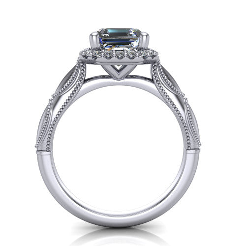Caroline square emerald vintage halo engagement ring in 18K White Gold, through-finger front profile showing the halo head and openwork gallery above the split shank