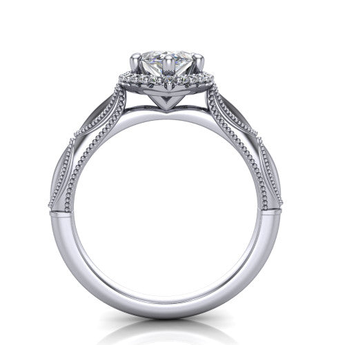 Caroline marquise vintage halo engagement ring in Platinum, through-finger front profile showing the halo head and openwork gallery above the split shank
