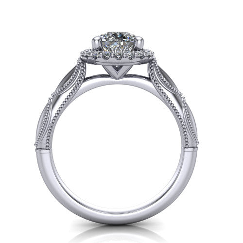 Caroline pear vintage halo engagement ring in Platinum, through-finger front profile showing the halo head and openwork gallery above the split shank