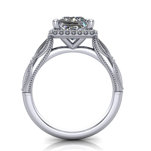 Caroline princess vintage halo engagement ring in Platinum, through-finger front profile showing the halo head and openwork gallery above the split shank