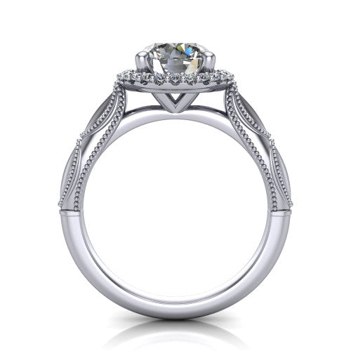 Caroline round vintage halo engagement ring in Platinum, through-finger front profile showing the halo head and openwork gallery above the split shank