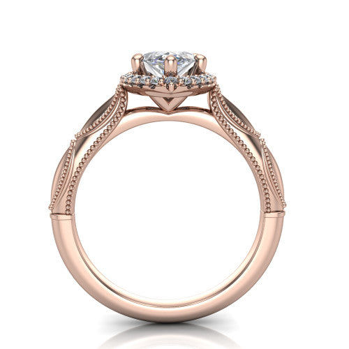 Caroline marquise vintage halo engagement ring in 14K Rose Gold, through-finger front profile showing the halo head and openwork gallery above the split shank