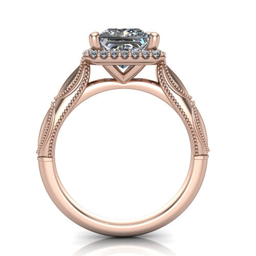 Caroline princess vintage halo engagement ring in 18K Rose Gold, through-finger front profile showing the halo head and openwork gallery above the split shank