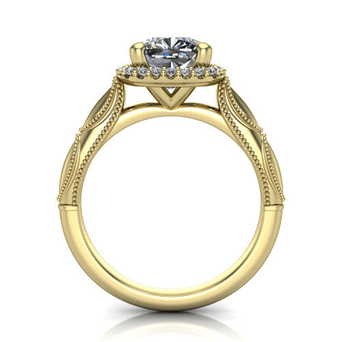 Caroline cushion vintage halo engagement ring in 18K Yellow Gold, through-finger front profile showing the halo head and openwork gallery above the split shank