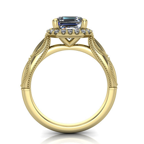 Caroline square emerald vintage halo engagement ring in 14K Yellow Gold, through-finger front profile showing the halo head and openwork gallery above the split shank