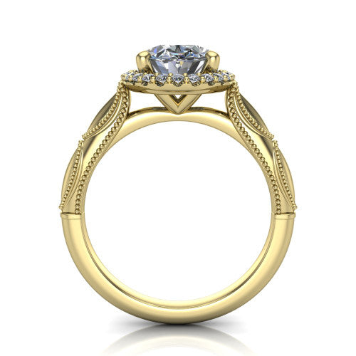 Caroline oval vintage halo engagement ring in 18K Yellow Gold, through-finger front profile showing the halo head and openwork gallery above the split shank
