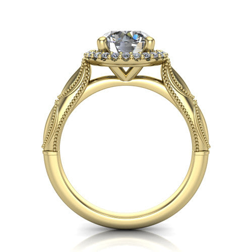 Caroline round vintage halo engagement ring in 18K Yellow Gold, through-finger front profile showing the halo head and openwork gallery above the split shank