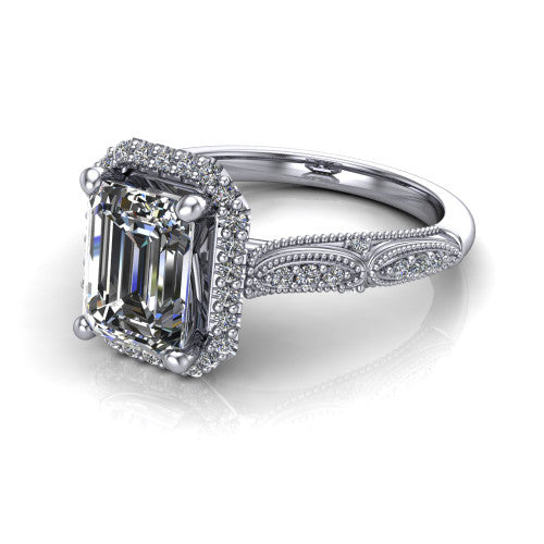 Jenna emerald vintage halo engagement ring in 14K White Gold, three-quarter perspective showing the emerald center in a squared pav&eacute; milgrain halo above a pav&eacute; band