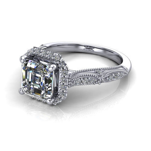 Jenna square emerald vintage halo engagement ring in Platinum, three-quarter perspective showing the square emerald center in a squared pav&eacute; milgrain halo above a pav&eacute; band