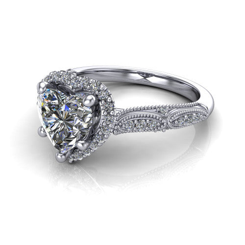 Jenna heart vintage halo engagement ring in 18K White Gold, three-quarter perspective showing the heart center in a squared pav&eacute; milgrain halo above a pav&eacute; band