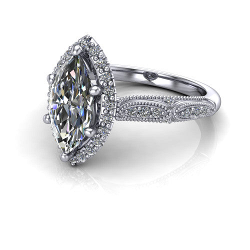 Jenna marquise vintage halo engagement ring in Platinum, three-quarter perspective showing the marquise center in a squared pav&eacute; milgrain halo above a pav&eacute; band