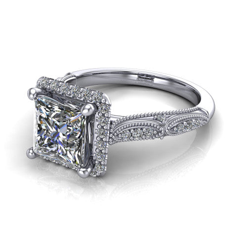 Jenna princess vintage halo engagement ring in 14K White Gold, three-quarter perspective showing the princess center in a squared pav&eacute; milgrain halo above a pav&eacute; band