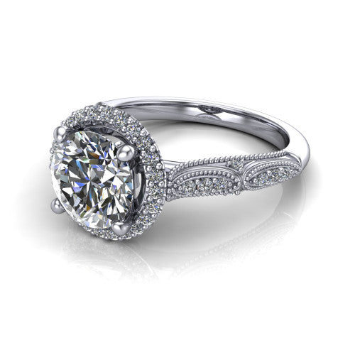 Jenna round vintage halo engagement ring in 18K White Gold, three-quarter perspective showing the round center in a squared pav&eacute; milgrain halo above a pav&eacute; band