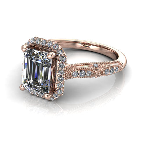 Jenna emerald vintage halo engagement ring in 14K Rose Gold, three-quarter perspective showing the emerald center in a squared pav&eacute; milgrain halo above a pav&eacute; band