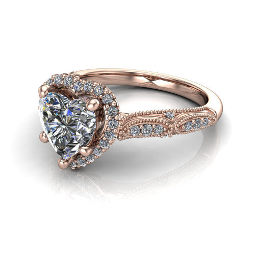 Jenna heart vintage halo engagement ring in 14K Rose Gold, three-quarter perspective showing the heart center in a squared pav&eacute; milgrain halo above a pav&eacute; band