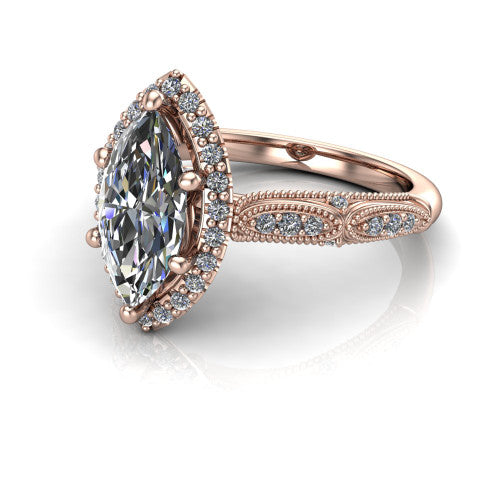 Jenna marquise vintage halo engagement ring in 14K Rose Gold, three-quarter perspective showing the marquise center in a squared pav&eacute; milgrain halo above a pav&eacute; band