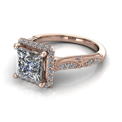 Jenna princess vintage halo engagement ring in 14K Rose Gold, three-quarter perspective showing the princess center in a squared pav&eacute; milgrain halo above a pav&eacute; band