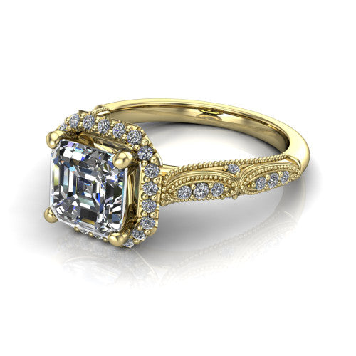 Jenna square emerald vintage halo engagement ring in 18K Yellow Gold, three-quarter perspective showing the square emerald center in a squared pav&eacute; milgrain halo above a pav&eacute; band