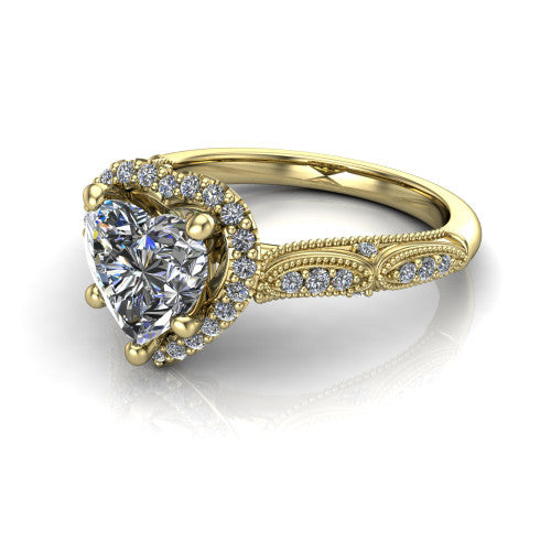 Jenna heart vintage halo engagement ring in 18K Yellow Gold, three-quarter perspective showing the heart center in a squared pav&eacute; milgrain halo above a pav&eacute; band
