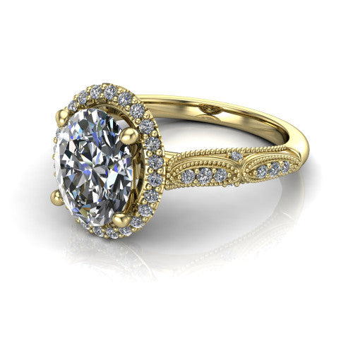Jenna oval vintage halo engagement ring in 14K Yellow Gold, three-quarter perspective showing the oval center in a squared pav&eacute; milgrain halo above a pav&eacute; band