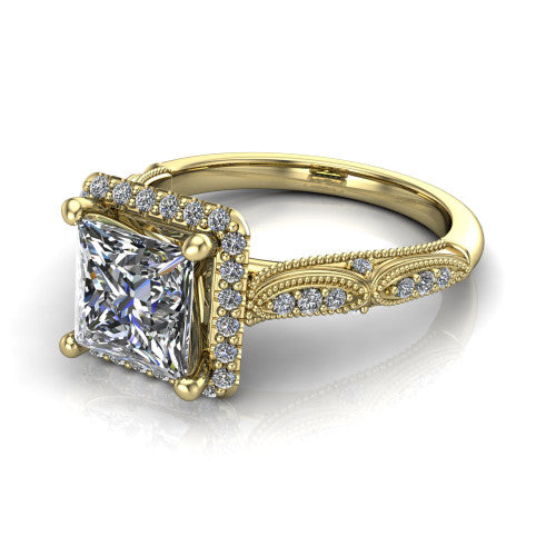 Jenna princess vintage halo engagement ring in 14K Yellow Gold, three-quarter perspective showing the princess center in a squared pav&eacute; milgrain halo above a pav&eacute; band