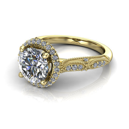Jenna round vintage halo engagement ring in 18K Yellow Gold, three-quarter perspective showing the round center in a squared pav&eacute; milgrain halo above a pav&eacute; band