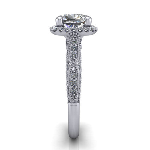 Jenna cushion vintage halo engagement ring in 14K White Gold, side profile showing the pav&eacute; milgrain band, bezel side accent, and squared halo in profile