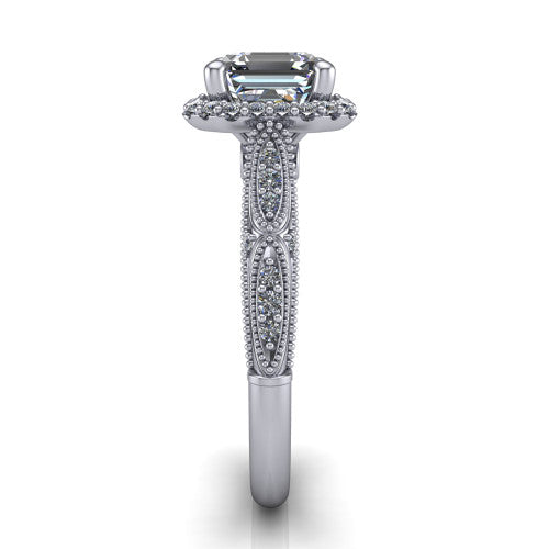 Jenna square emerald vintage halo engagement ring in 18K White Gold, side profile showing the pav&eacute; milgrain band, bezel side accent, and squared halo in profile