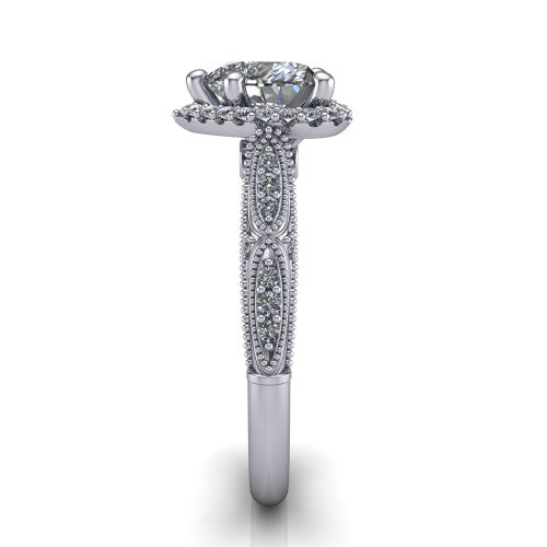 Jenna heart vintage halo engagement ring in 14K White Gold, side profile showing the pav&eacute; milgrain band, bezel side accent, and squared halo in profile