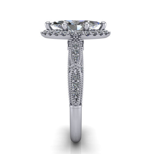 Jenna marquise vintage halo engagement ring in 14K White Gold, side profile showing the pav&eacute; milgrain band, bezel side accent, and squared halo in profile
