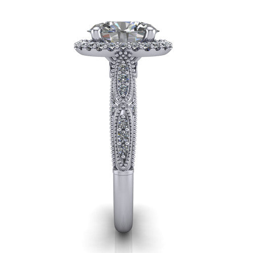 Jenna oval vintage halo engagement ring in 18K White Gold, side profile showing the pav&eacute; milgrain band, bezel side accent, and squared halo in profile