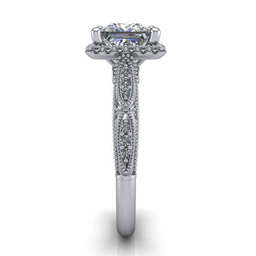Jenna princess vintage halo engagement ring in Platinum, side profile showing the pav&eacute; milgrain band, bezel side accent, and squared halo in profile