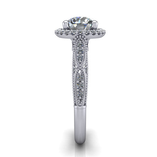 Jenna round vintage halo engagement ring in Platinum, side profile showing the pav&eacute; milgrain band, bezel side accent, and squared halo in profile