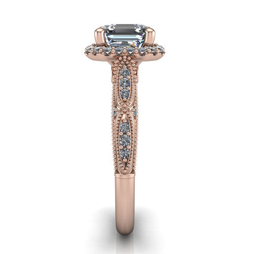 Jenna square emerald vintage halo engagement ring in 14K Rose Gold, side profile showing the pav&eacute; milgrain band, bezel side accent, and squared halo in profile